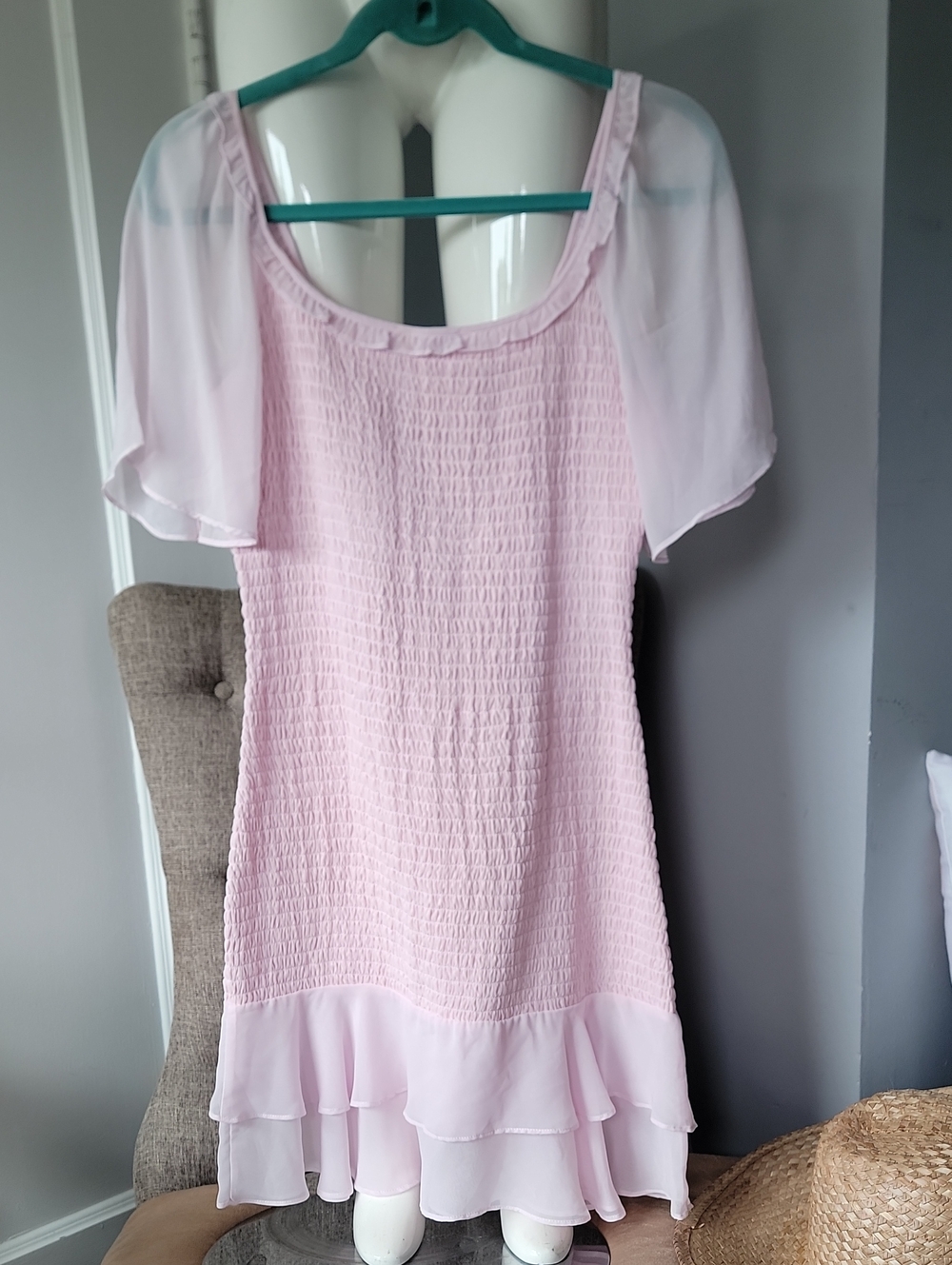 BCBGeneration Light Pink Smocked Sheer Ruffle Evening Dress